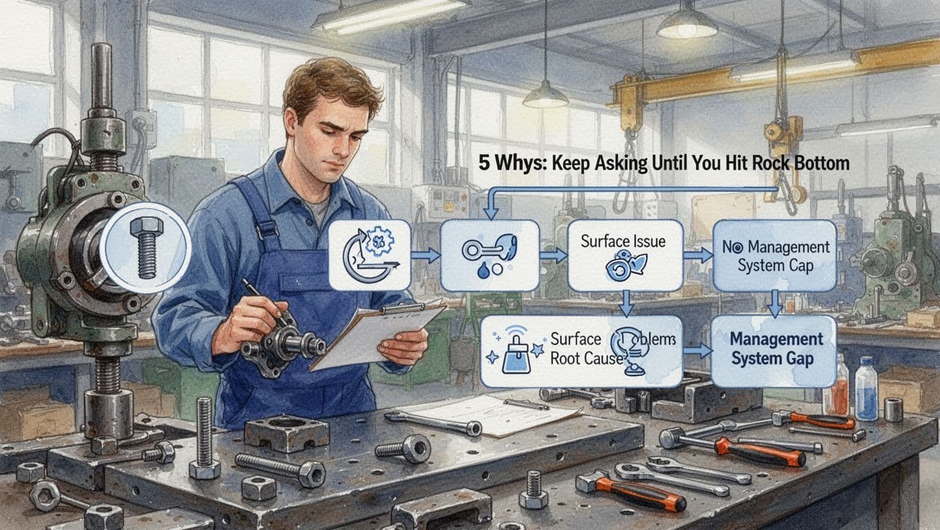 Engineer in busy factory workshop examines machine part with loose bolt icon, notepad shows 5 Whys chain from surface issue to management system gap root cause, watercolor style.