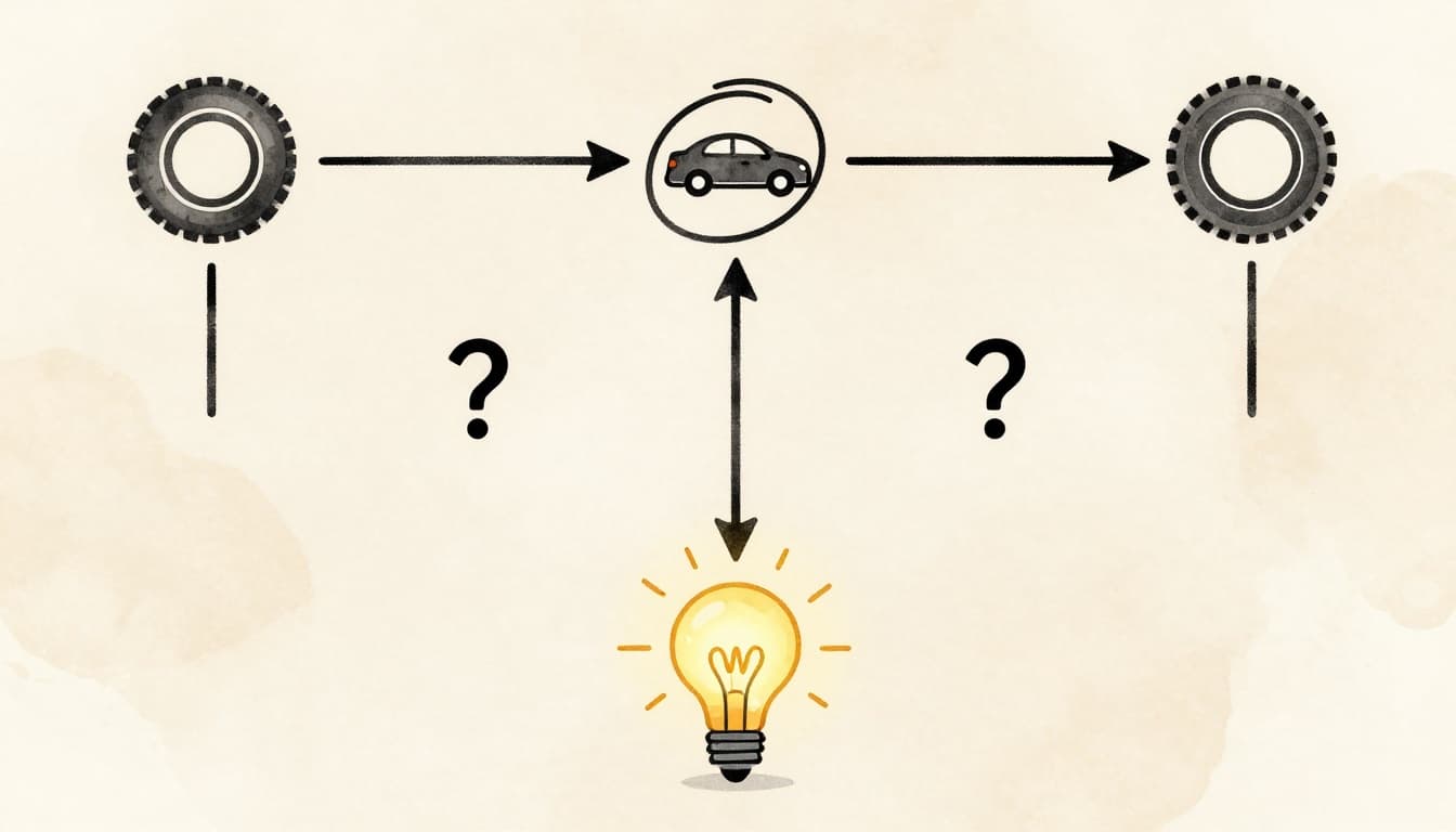 Illustration of the 5 Whys process featuring a winding path from a flat tire problem icon through five question mark nodes to a root cause bulb, in watercolor style with soft earth tones on a neutral beige background.