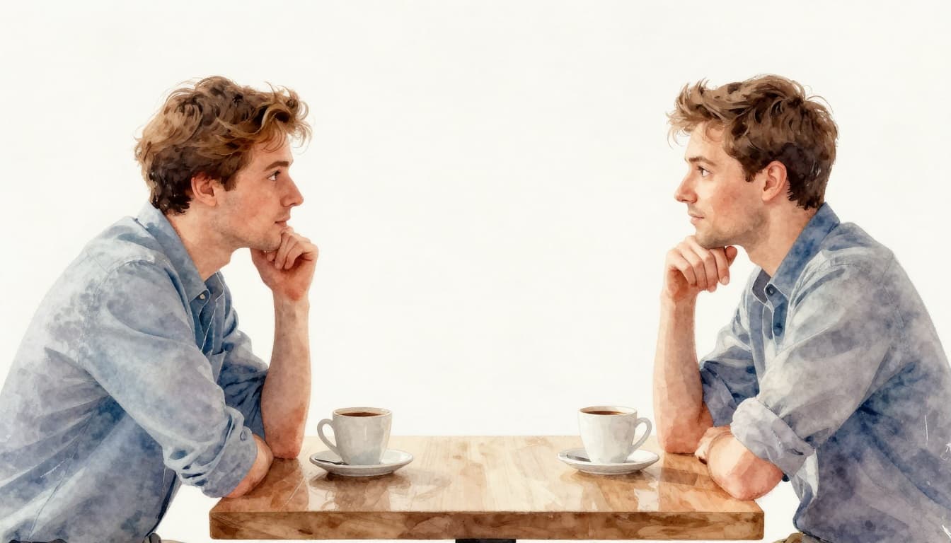 Two colleagues face each other across a cafe table, one leaning in attentively with hand on chin while the other gestures calmly, coffee cups nearby, in watercolor style with soft blending and brush texture.