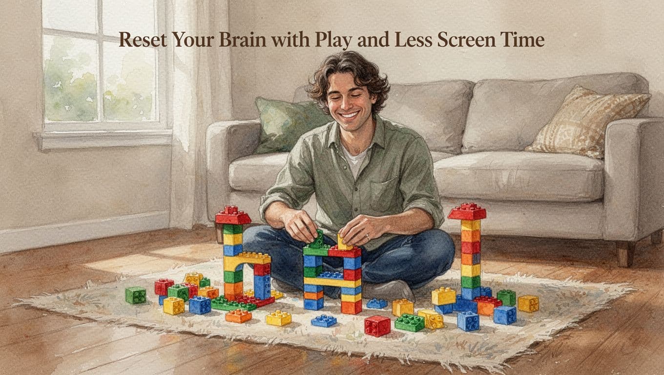 Watercolor-style image of one adult sitting on a wooden living room floor with cozy rug, constructing colorful Lego structures with a relaxed smile under soft window light, in earth tones.