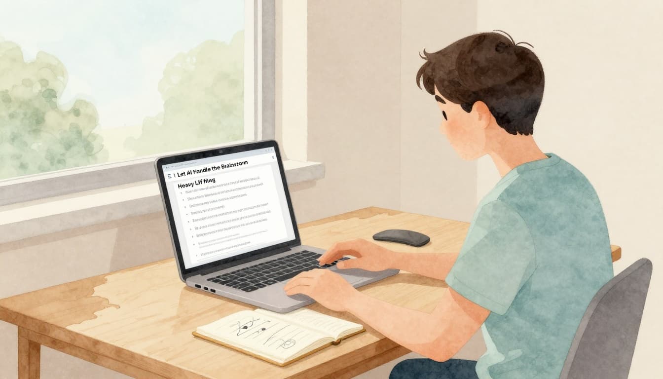 One person seated at a wooden desk with open laptop and notebook nearby, hands relaxed near keyboard under soft window light, suggesting brainstorming AI prompts, in watercolor style with pastel palette.