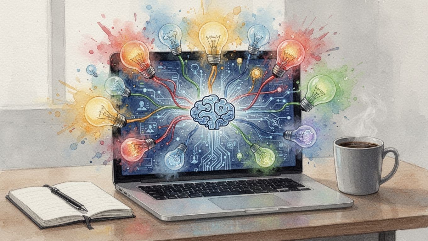 Digital AI assistant on laptop screen surrounded by exploding colorful idea bulbs and branching thought paths from a central problem node, in watercolor style with desk elements like notebook and coffee mug.
