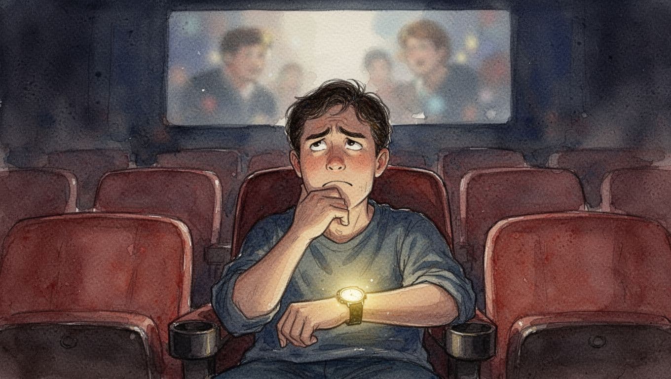 A bored adult sits alone in a dimly lit movie theater with empty seats, staring unhappily at a blurry screen while checking their glowing watch, in watercolor style with soft blending.