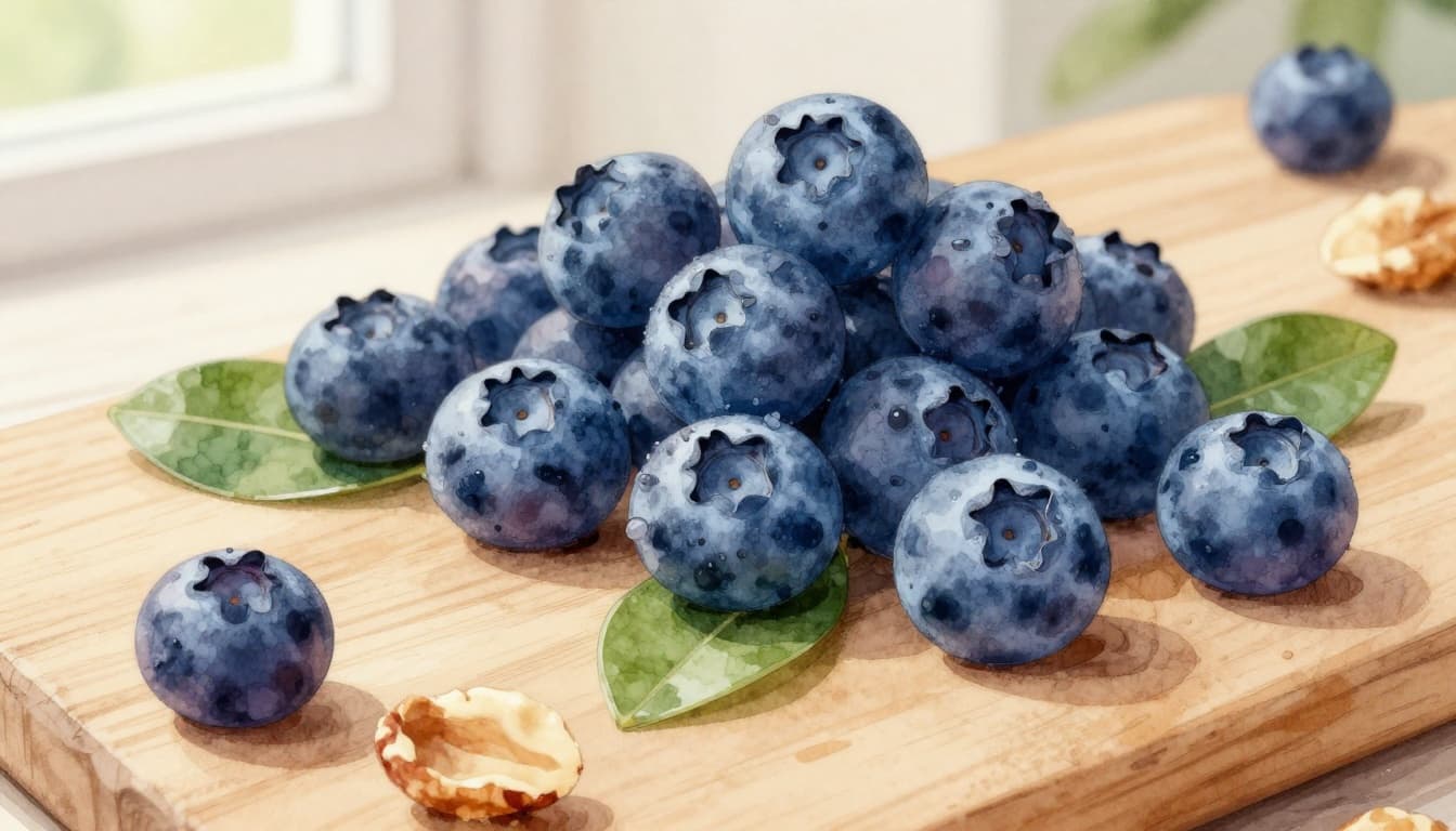 Fresh blueberries and nuts on a wooden table with green leaves in a close-up watercolor style, featuring vibrant colors, soft blending, brush texture, and natural window light.