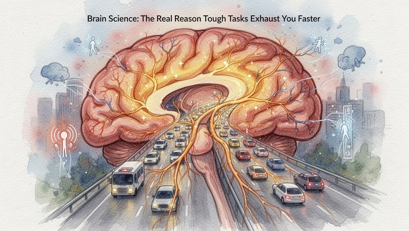 Watercolor illustration of a human brain with glowing prefrontal cortex in warm tones, congested neural pathways like a traffic jam, and subtle fatigue signals.