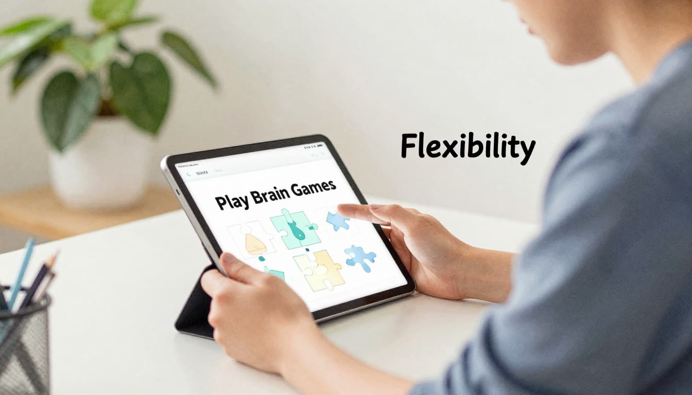 A person sits at a desk in a home office with plants, intently focused on a puzzle or brain game app displayed on a tablet, hands relaxed nearby. Watercolor style featuring soft blending, visible brush textures, and gentle indoor lighting.