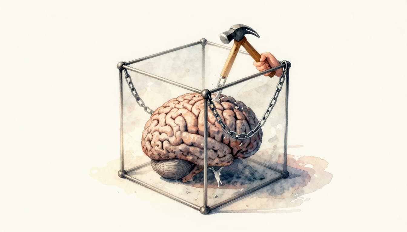 A watercolor-style human brain locked in a chained box symbolizing cognitive bias, with a person breaking the chains using a hammer on a light neutral background.