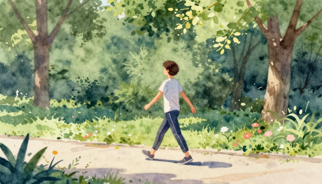 A single person walks briskly on a sunny park path surrounded by green trees and flowers, shown in side view with relaxed posture and natural arm swing, in watercolor style with soft blending and brush texture under natural daylight.