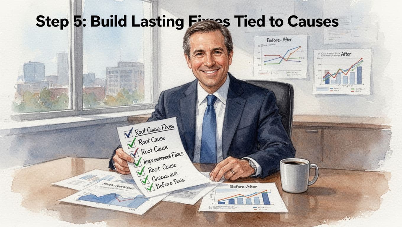 A confident business leader sits at a desk reviewing a paper checklist with checkmarks next to root cause fixes, featuring before-after charts showing improvement and a nearby coffee mug, rendered in watercolor style with soft blending, visible brush texture, and soft office lighting.