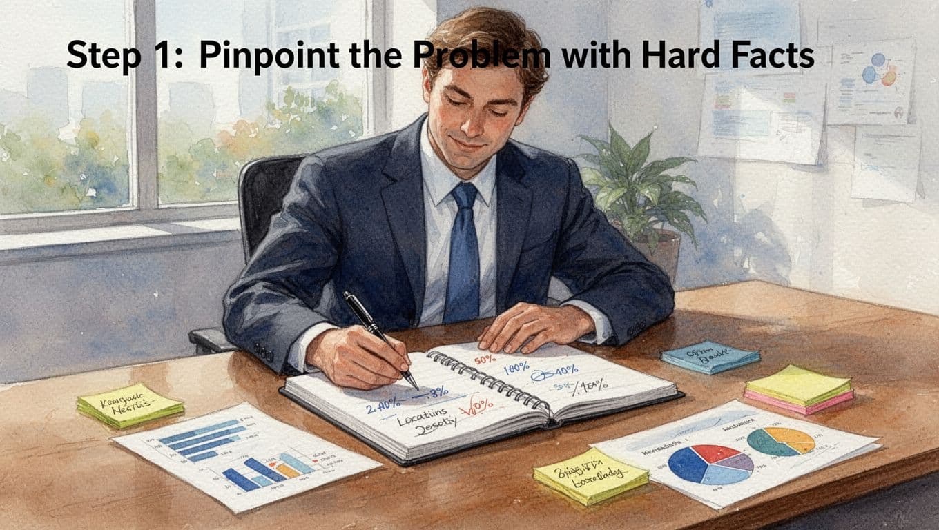 Focused business professional at a sunlit wooden desk, jotting specific data like percentages and locations in an open notebook amid charts and sticky notes, in watercolor style with soft blending.