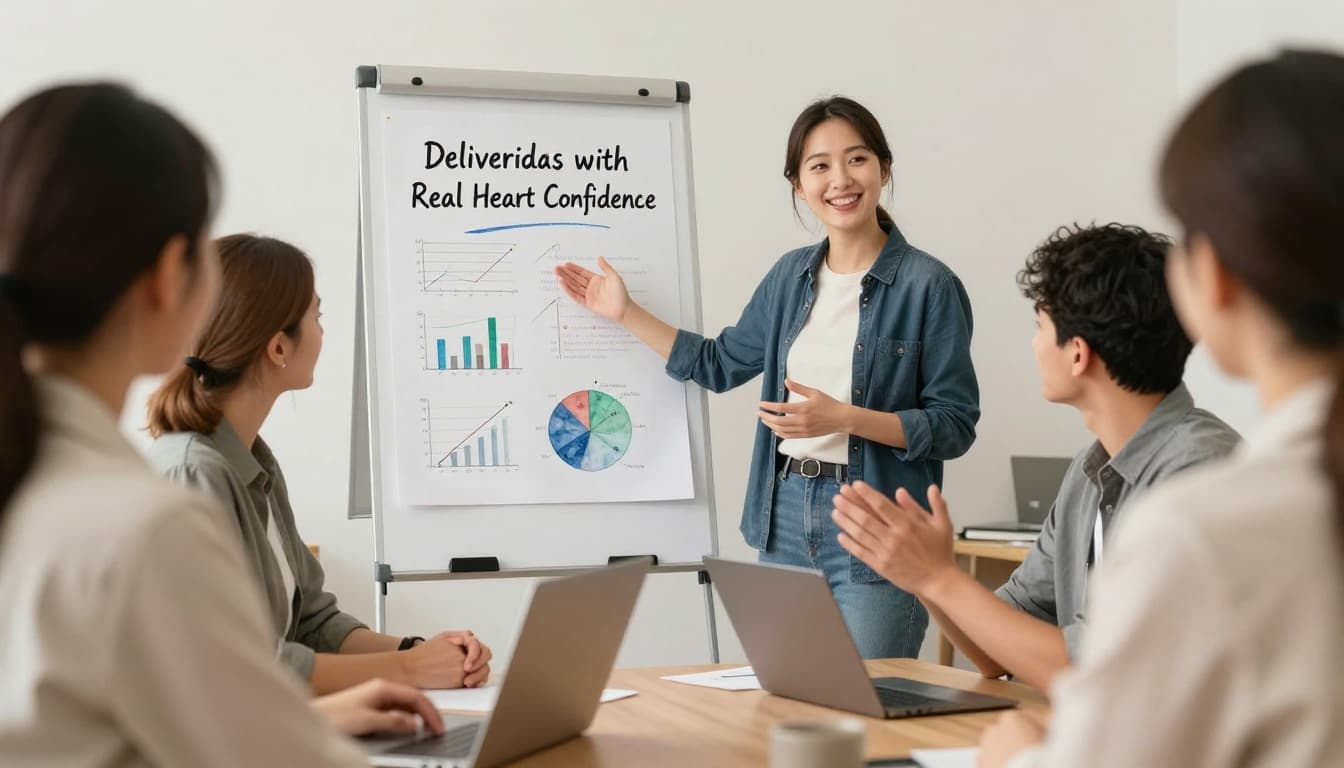 One speaker in a small meeting room engaging a group of three listeners with animated gesture and warm expressions, charts on flipchart behind, watercolor style with soft blending and visible brush texture, natural indoor lighting, focus on connection.