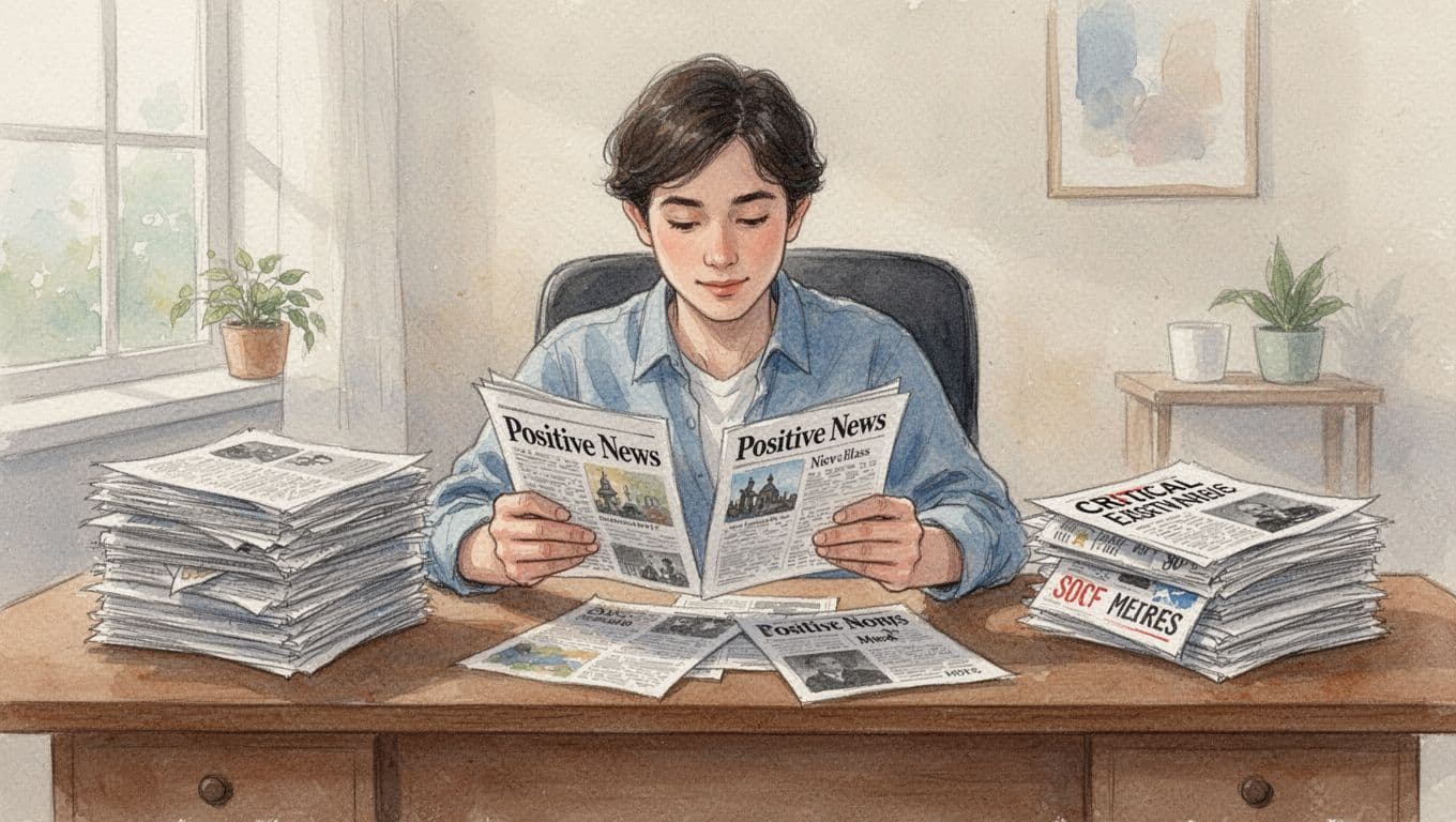 A person sits relaxed at a wooden desk in a cozy home office, focused on reading positive news clippings while ignoring a stack of critical articles pushed aside. Watercolor style with soft blending, warm lighting, and pastel tones.