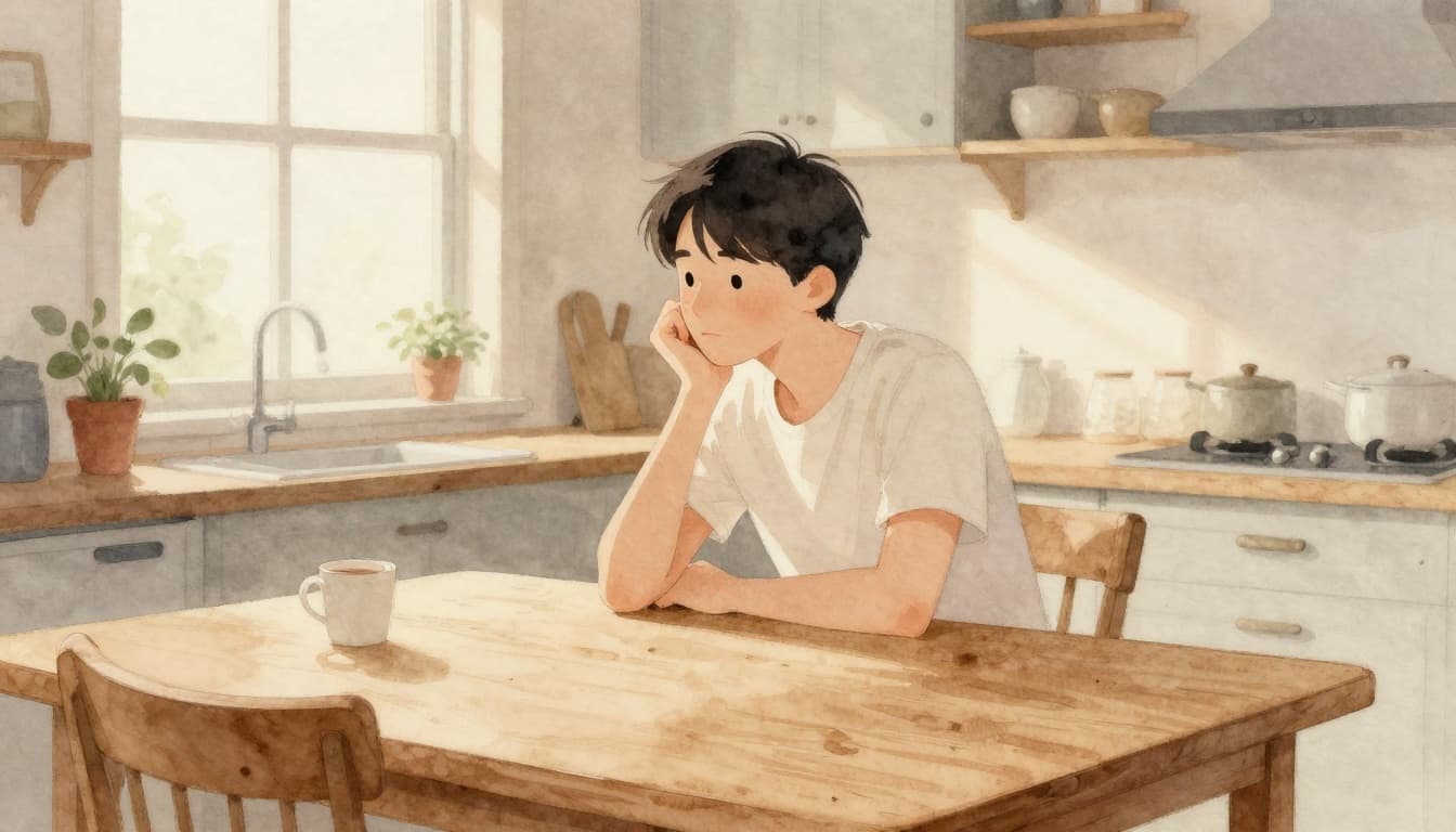 A single person sits calmly at a wooden kitchen table in a cozy home, hand on chin in thoughtful pause, with morning light filtering through the window, in watercolor style with soft blending and warm earth tones.