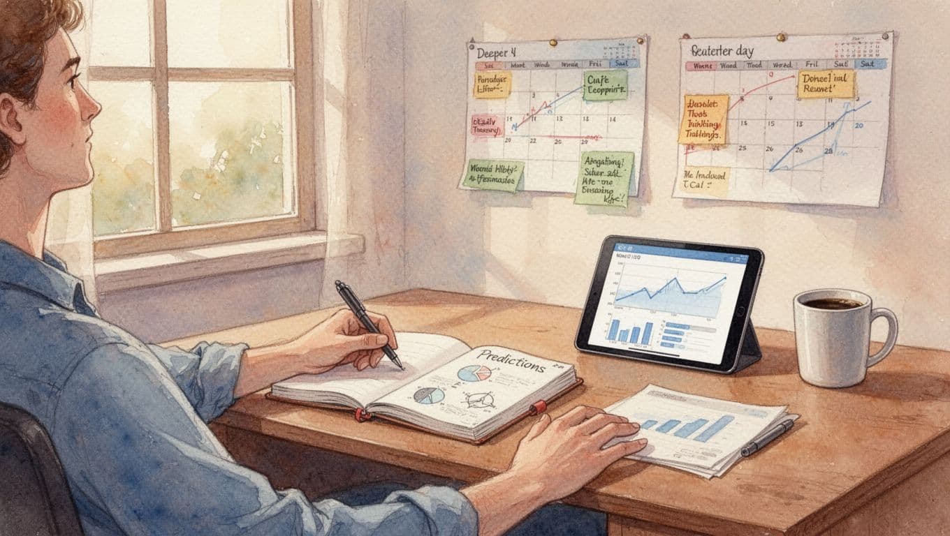 One person sits relaxed in a cozy home office at a wooden desk with an open journal for predictions, nearby tablet with charts, marked wall calendar, and coffee mug under warm natural light. Watercolor style features soft blending, brush textures, and pastel tones.