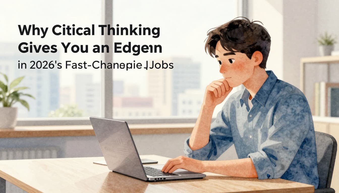 Watercolor style illustration of a professional sitting at a desk in a modern office, thoughtfully pondering AI charts on a laptop with hand on chin, cityscape window in background under natural daylight.