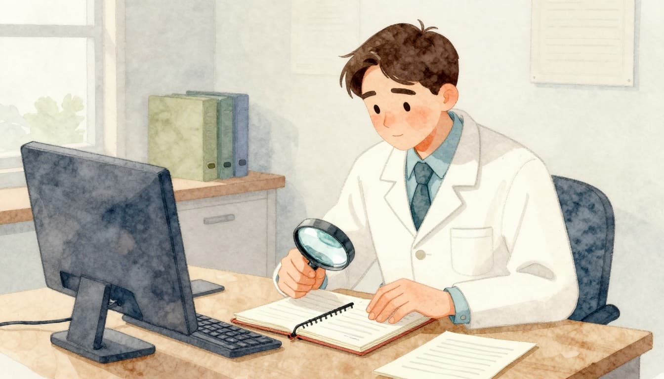 A person dressed as a detective in a cozy office examines clues on a table with notebook and magnifying glass, in relaxed watercolor style.