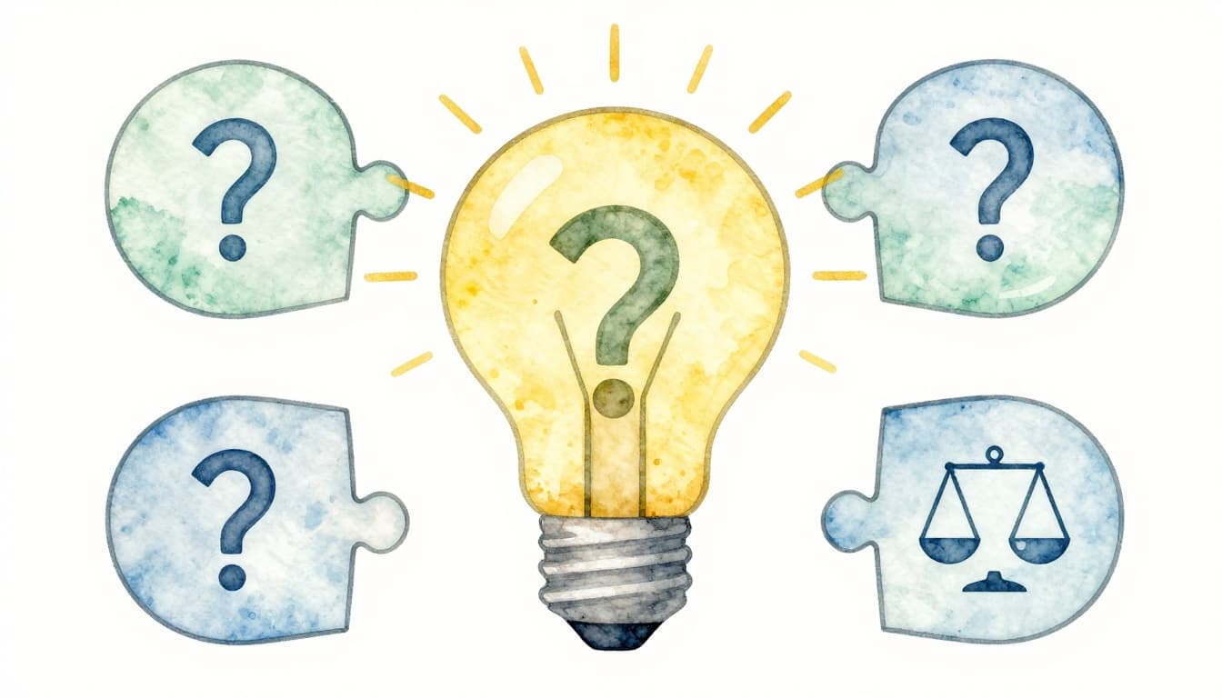 Interlocking puzzle pieces form a lightbulb shape, each featuring icons for question mark, magnifying glass, and balance scale in watercolor style with soft blues, greens, and yellows on a neutral background.