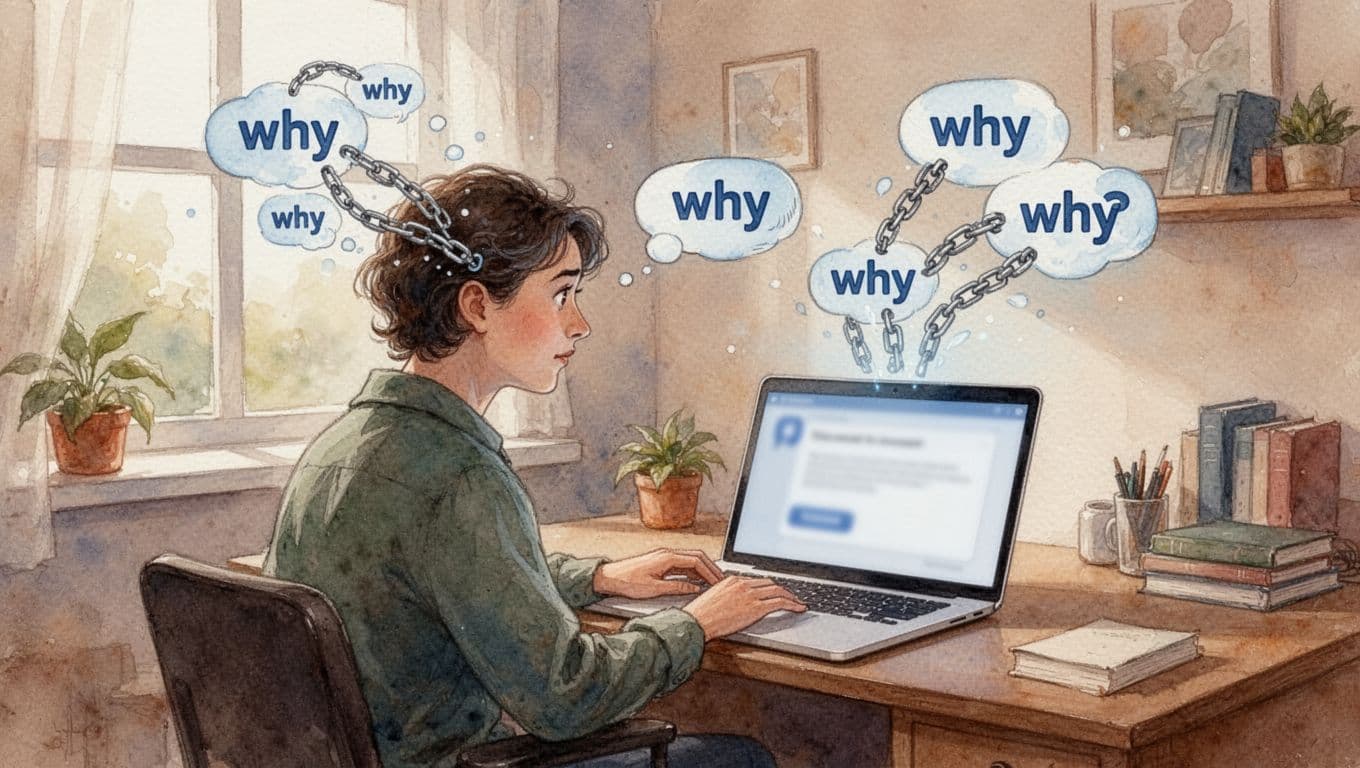 A curious adult in a cozy home office questions an AI chatbot on a laptop screen, with chained 'why' questions in thought bubbles emerging from their head, in watercolor style with warm earth tones.