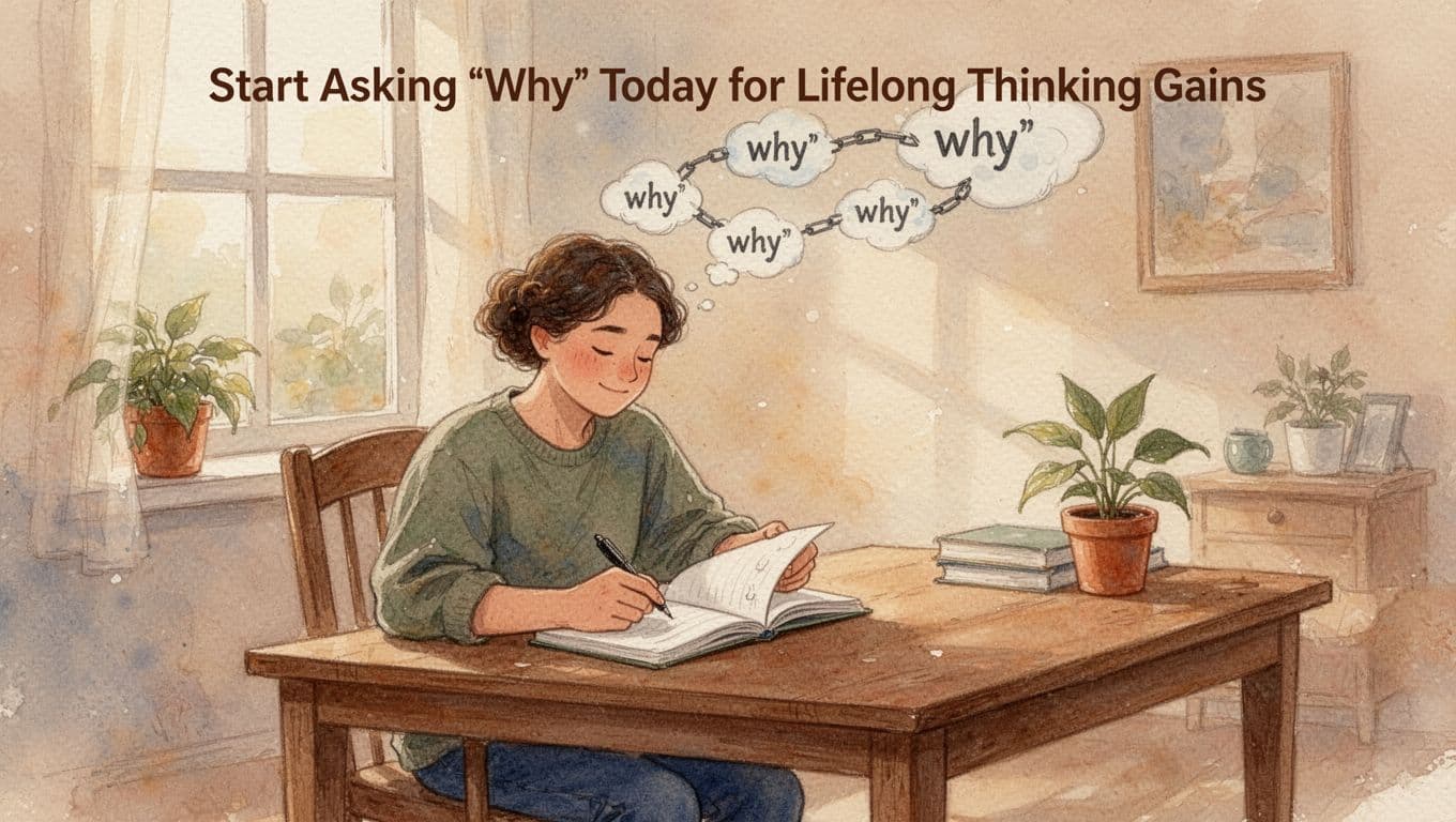 A relaxed person sits at a wooden desk in a cozy sunlit room journaling daily 'why' questions in a notebook, with faint thought bubbles showing chained whys above their head, in watercolor style with soft blending, visible brush texture, and warm earth tones.