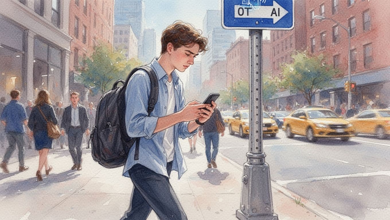 A young professional stares intently at a smartphone while walking on a busy urban sidewalk, on the verge of colliding with a street sign pole, backpack over shoulder, in dynamic low-angle watercolor style with pastel tones and soft brush textures.