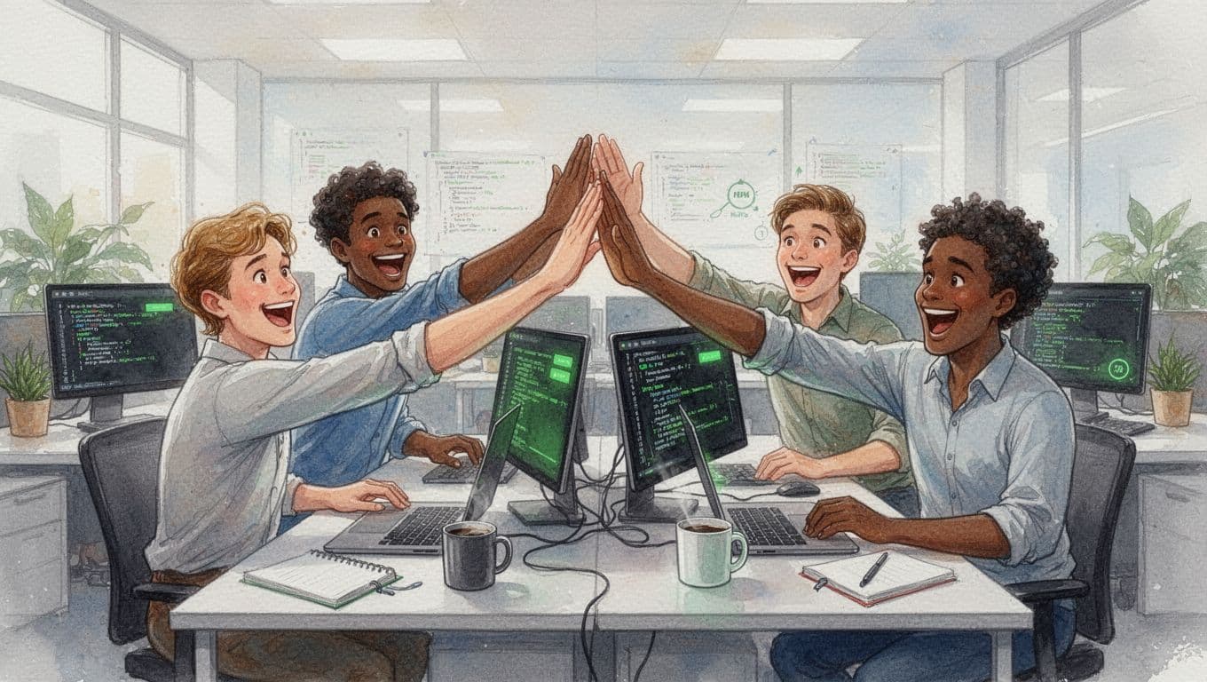 Diverse team of four software developers excitedly high-fiving in a bright modern office around desks with laptops showing green status indicators and smooth code, watercolor style with soft blending and warm tones.