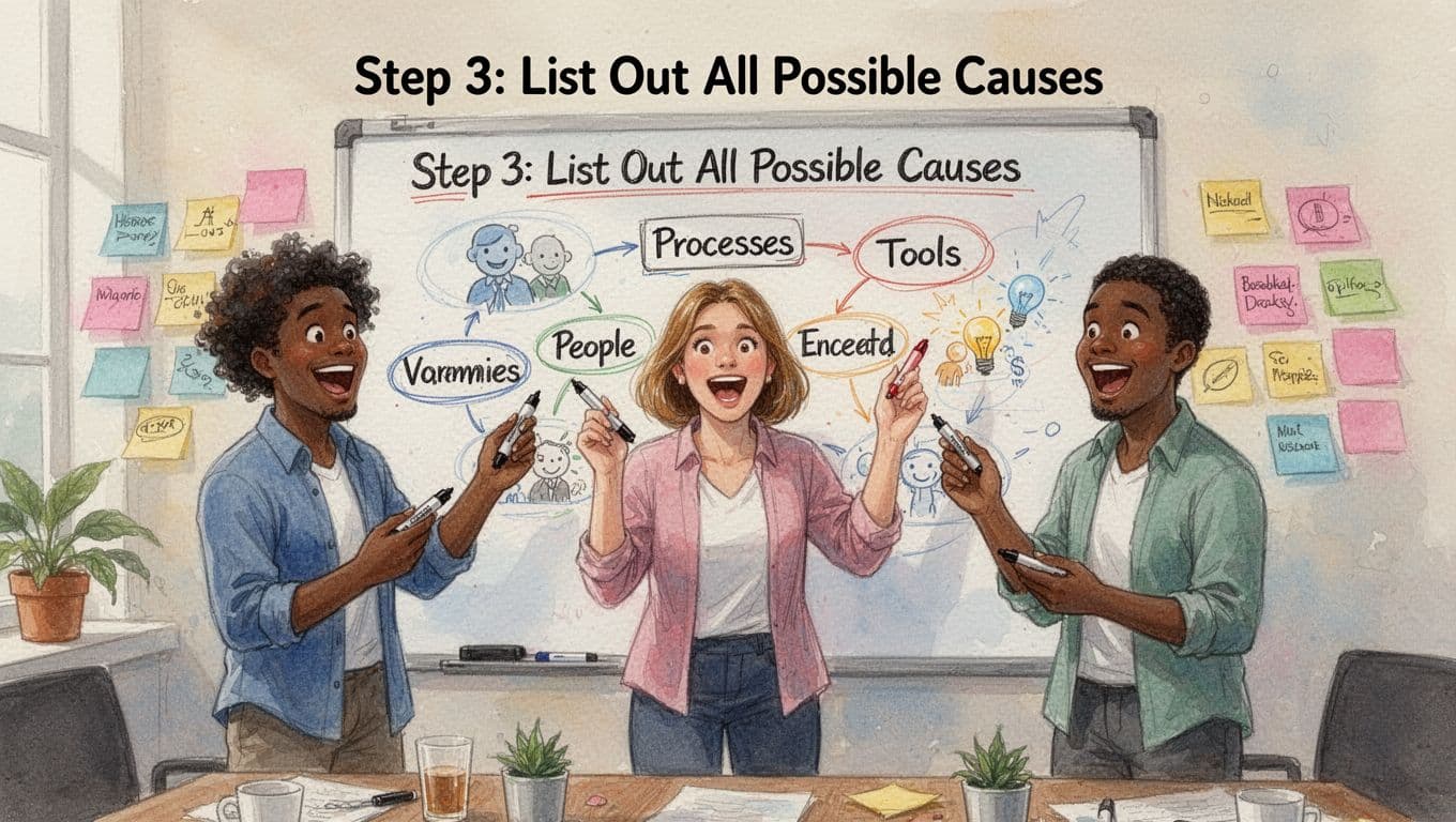 Small team of three diverse professionals around a whiteboard in a casual meeting room, brainstorming ideas with markers drawing categories like people, processes, and tools, featuring excited expressions and sticky notes on the wall in watercolor style.