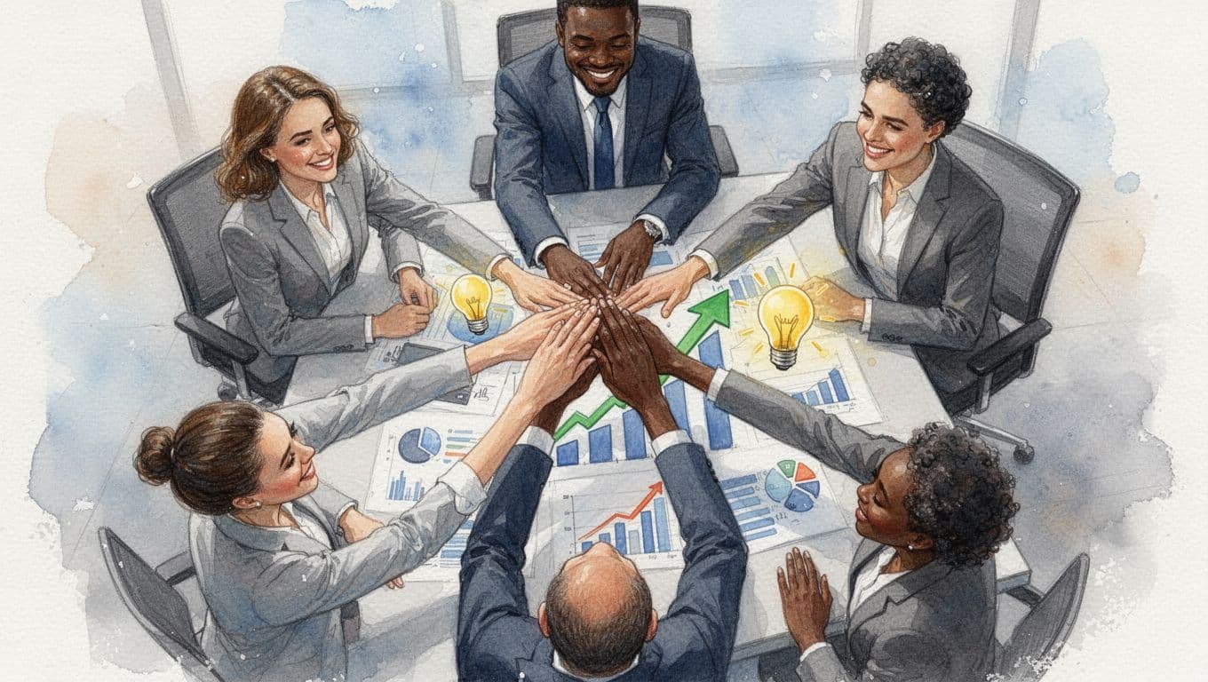 Top-down watercolor illustration of five diverse professionals in a modern office high-fiving over a table with upward-trending charts, graphs, and idea lightbulbs on a light neutral background.