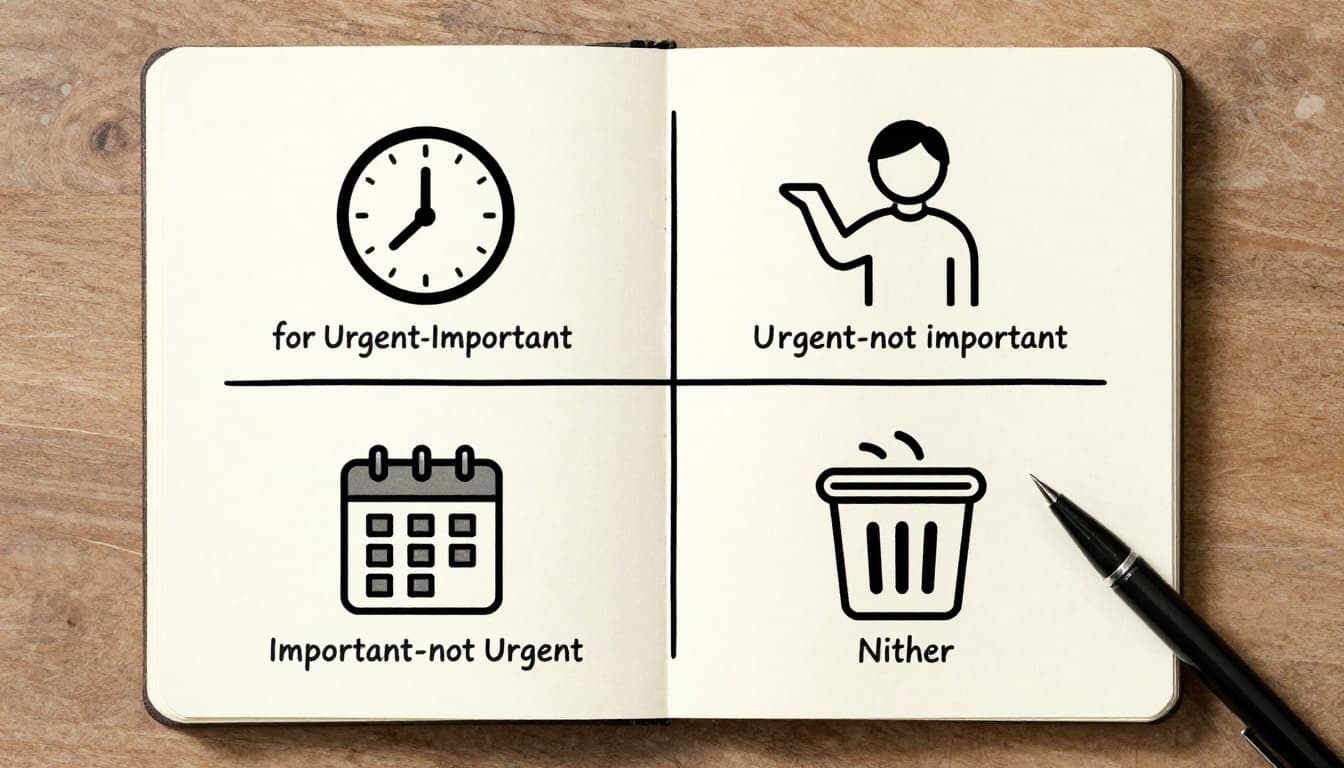 Watercolor illustration on a notepad showing the Eisenhower Matrix in four quadrants with icons: clock for urgent-important, delegate for urgent-not important, calendar for important-not urgent, and trash for neither, in a simple desk setting with pen.
