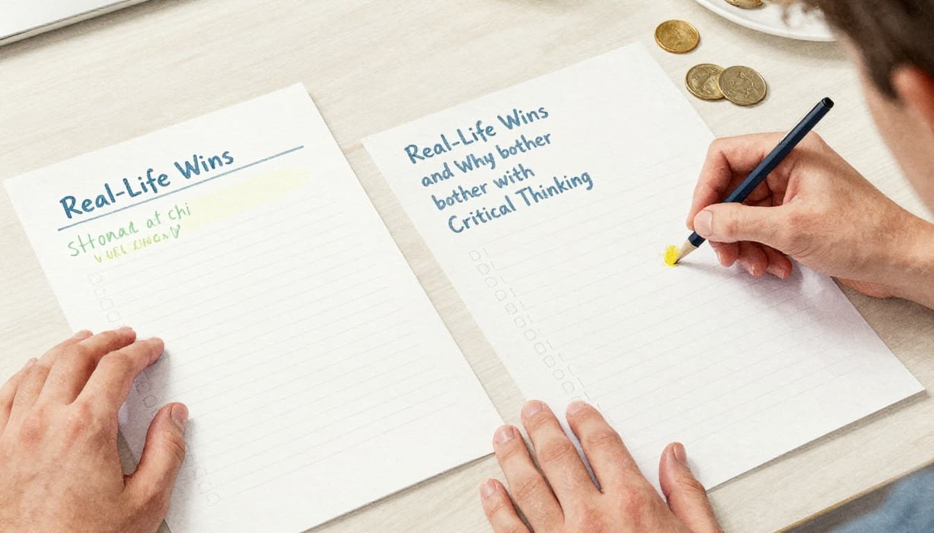 An everyday person at a kitchen table thoughtfully compares shopping options using paper lists and coins, in a watercolor style with soft blending, visible brush texture, and a palette of soft blues, greens, and yellows.