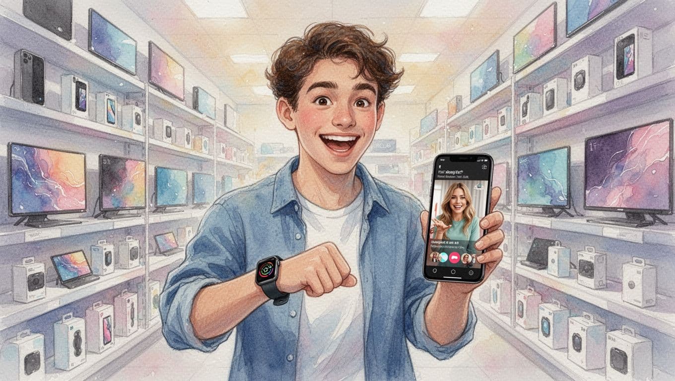 Excited young adult shopper in a bright electronics store aisle holds a new smartwatch while smiling at a smartphone screen showing an influencer video thumbnail, with store shelves in the background in watercolor style.