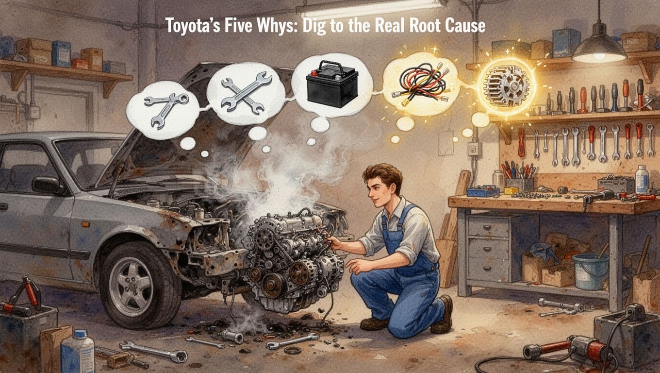A mechanic kneels next to a smoking car engine in a cluttered garage, with five ascending thought bubbles tracing the Five Whys process from symptoms to root cause alternator failure, in cozy watercolor style with warm earth tones.