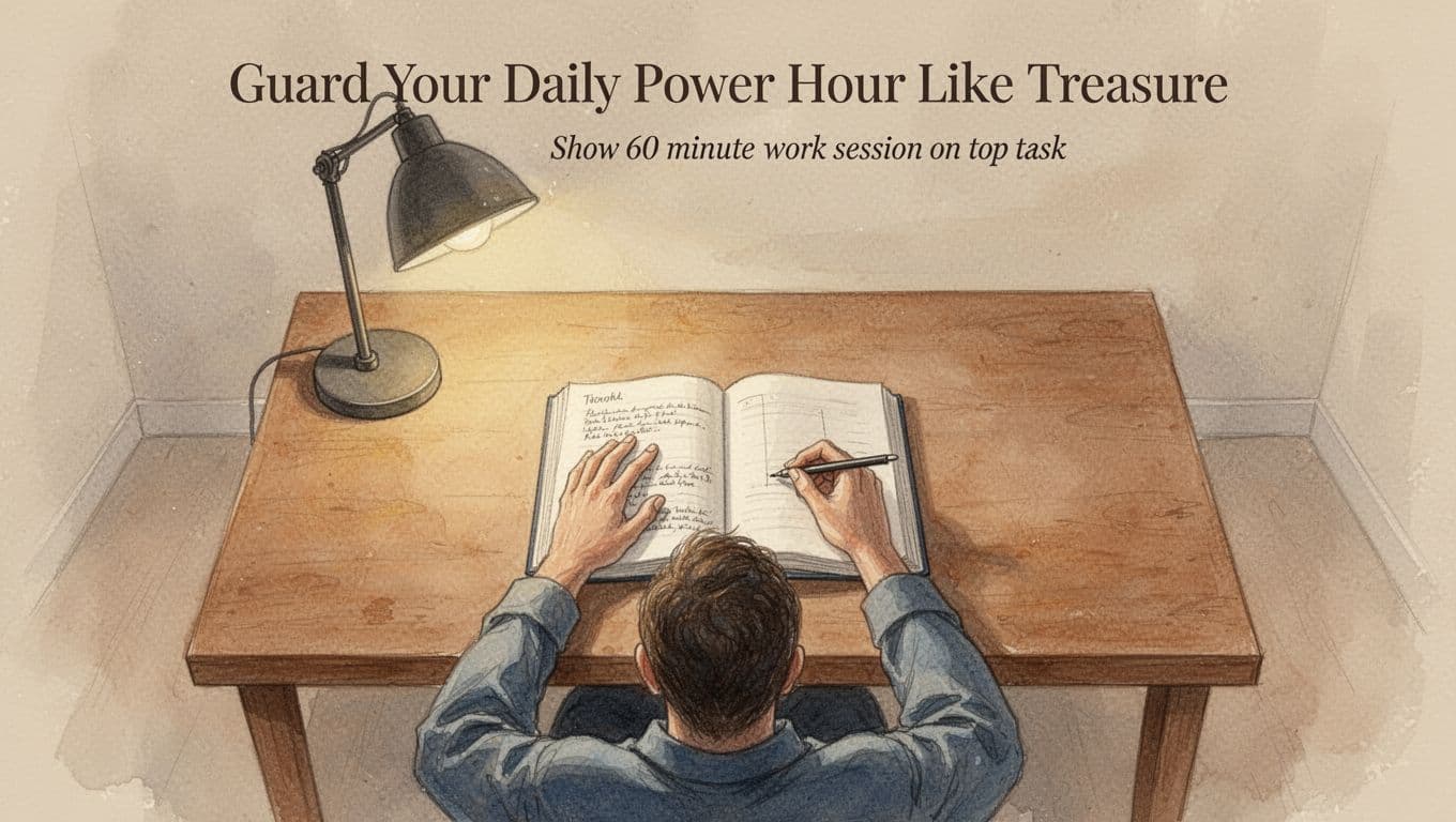 Top-down view of one person deeply focused on outlining a book in a notebook at a clean wooden desk with warm lamp light, watercolor style using soft earth tones.