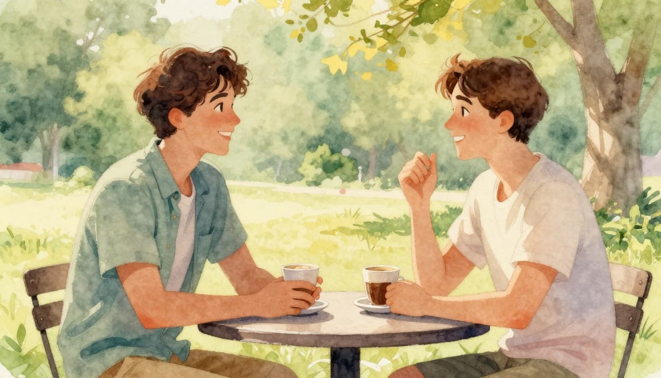 Two friends smiling and gesturing naturally while chatting over coffee at an outdoor park table, in watercolor style with soft blending, visible brush textures, and warm sunlight on soft green-yellow background.