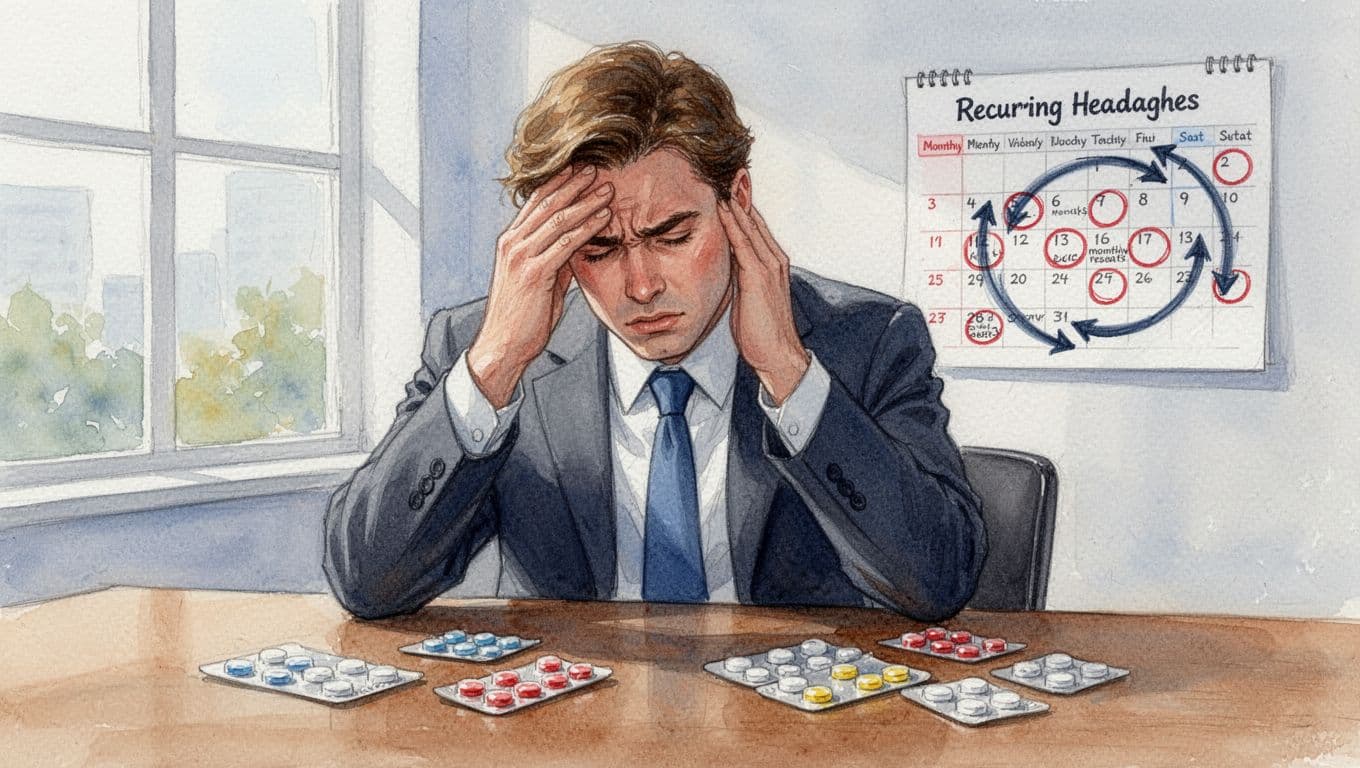 Watercolor painting of a frustrated business professional at a wooden desk in a bright office, holding forehead in pain with scattered empty painkiller blister packs and a wall calendar showing monthly repeats in a looping arrow pattern.