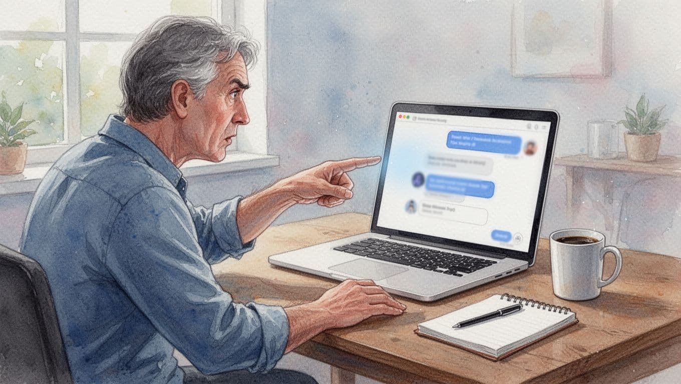 A middle-aged person sits frustrated at a wooden desk in a home office, pointing accusingly at a blurred AI chat interface on an open laptop, with a coffee mug and notebook nearby. Watercolor style with soft blending, pastel tones, and natural window light.