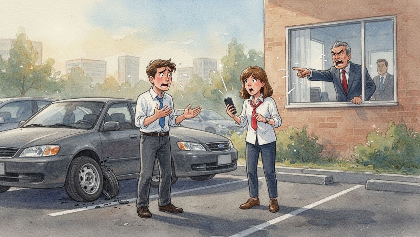 Frustrated office worker stands by car with flat tire in parking lot as apologetic coworker arrives late; boss points angrily from window, watercolor style.