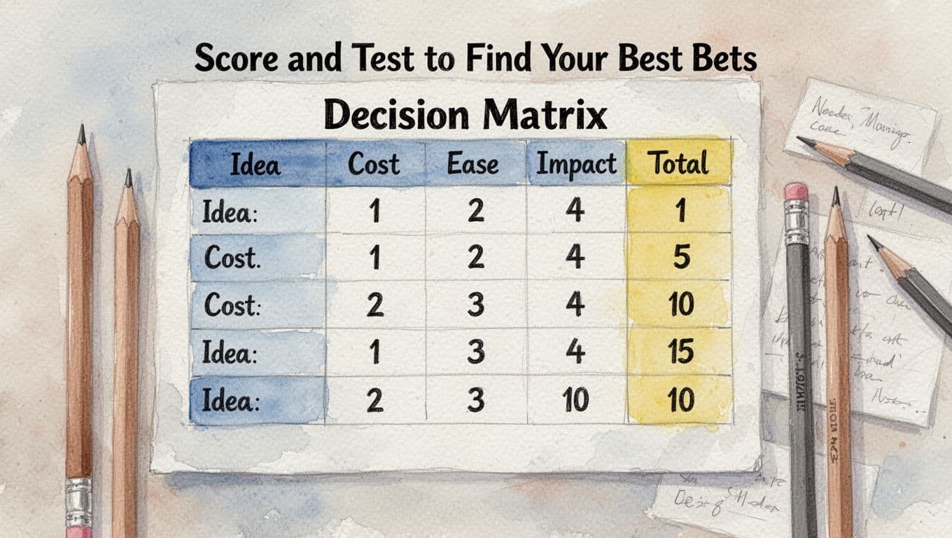 Top-down view of a hand-drawn decision matrix table on paper in watercolor style, scoring three ideas 1-10 on cost, ease, impact, and total, with pencils and notes beside on a light neutral background.