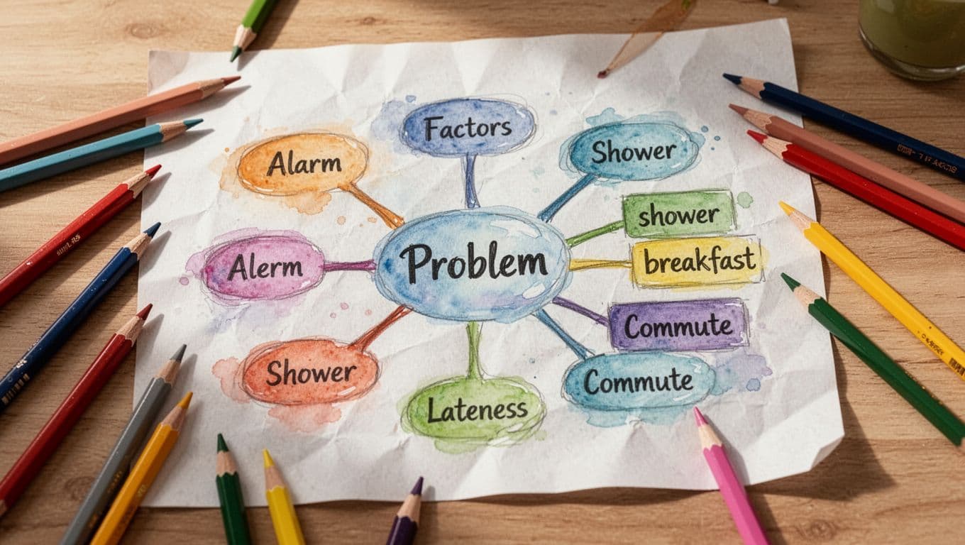 Hand-sketched mind map on crinkled white paper with central 'Problem' bubble branching to lateness factors like alarm, shower, breakfast, and commute; watercolor style, top view on wooden desk with scattered colored pencils and warm natural light.
