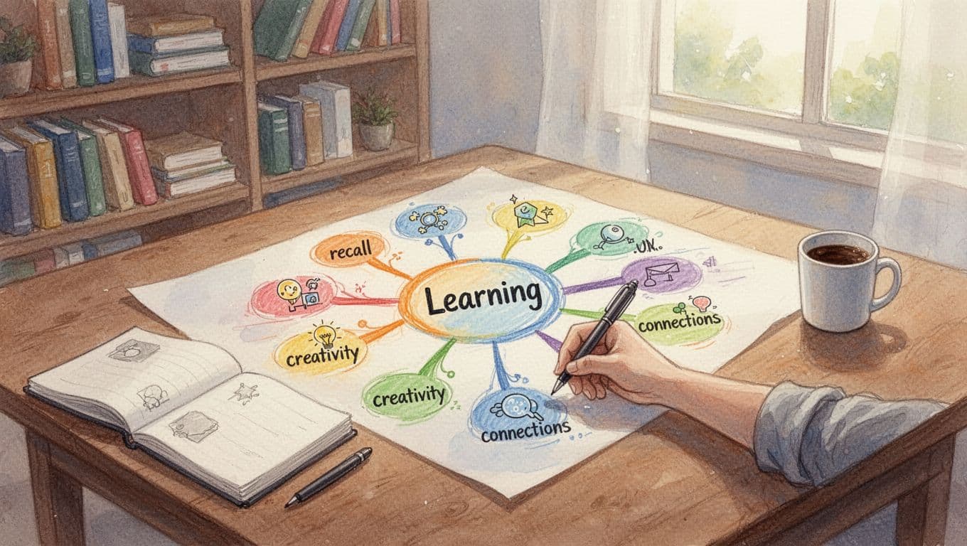 A young adult sits at a wooden desk in a cozy, bright room with bookshelves, drawing a colorful mind map on large paper centered on 'Learning' with branches to subtopics like recall, creativity, and connections, accompanied by icons, a notebook, and coffee mug, in watercolor style with soft blending and warm window light.