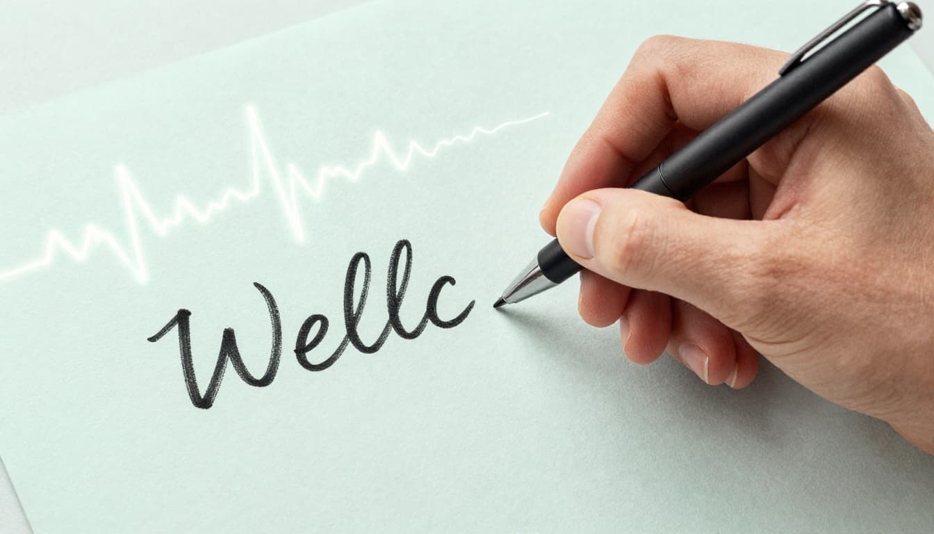 Close-up of a hand writing cursive on textured paper contrasted with a secondary typing hand on a keyboard, featuring brighter glowing brain wave patterns above the handwriting hand, in watercolor style with soft lighting.