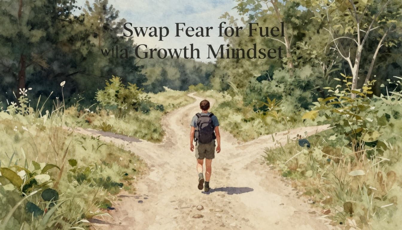 Watercolor illustration of a hiker turning confidently at a nature crossroads from a wrong trail symbolizing failure to the path of success, soft daylight outdoor scene with blended brush textures.