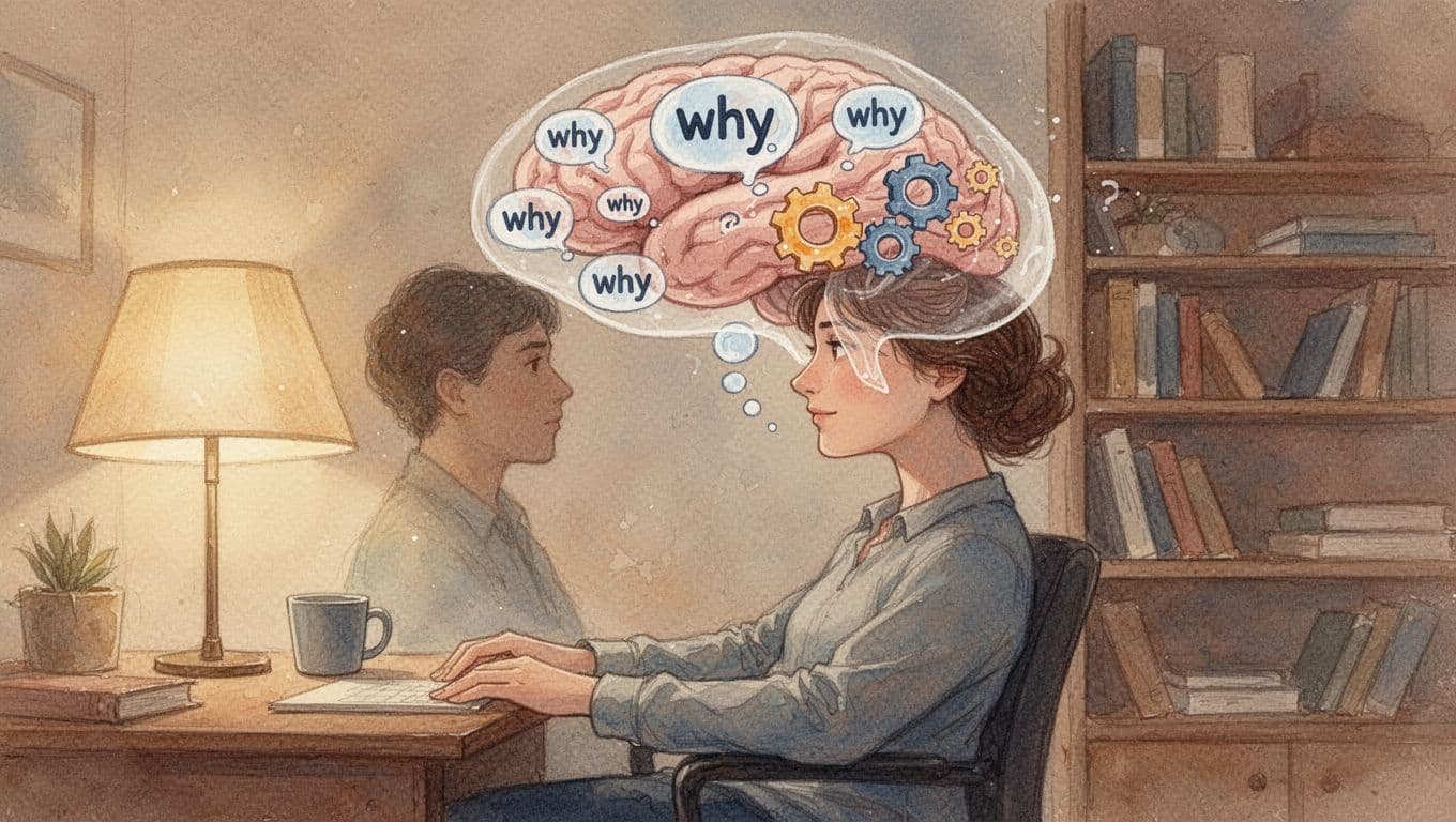 A relaxed person in profile view sits in a softly lit home office with bookshelves, a large semi-transparent brain outline above their head containing nested thought bubbles with 'why' icons and gears symbolizing self-reflection, in watercolor style with warm earth tones.