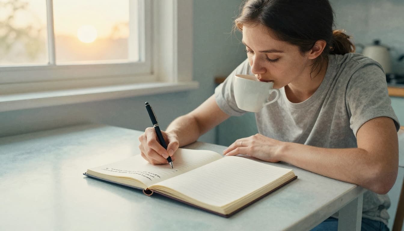 A calm person sits at a kitchen table in warm morning light, sipping coffee while writing a short list in an open notebook with a pen, sunrise visible through the window, in watercolor style.