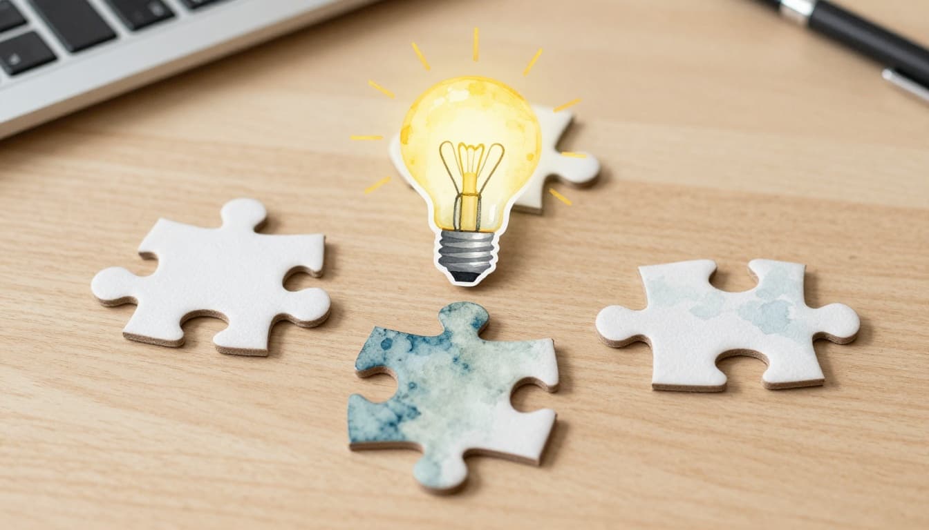 Three puzzle pieces viewed from multiple angles on a cozy desk table, with lightbulb ideas sparking above from different perspectives, in watercolor style featuring soft blending, visible brush texture, consistent palette, top-down composition, and soft natural lighting.