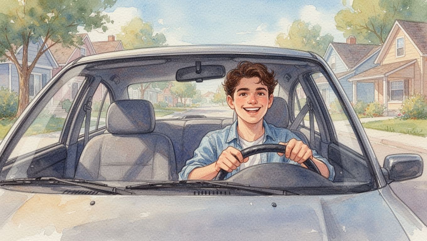 Confident young adult smiling overconfidently behind the wheel of a sedan on a sunny suburban street, hands loosely on steering wheel, watercolor style with soft brush textures and pastel tones.
