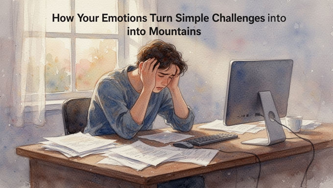 A watercolor-style illustration of a single person at a desk with head in hands, overwhelmed by scattered papers and a computer screen, illuminated by soft morning light through a window.