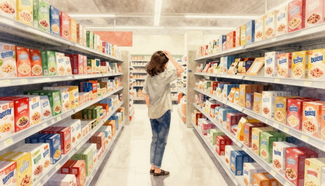 A person stands overwhelmed in a crowded grocery aisle facing dozens of colorful cereal boxes, hand on forehead, rendered in soft watercolor style with pastel tones and blending brush textures.