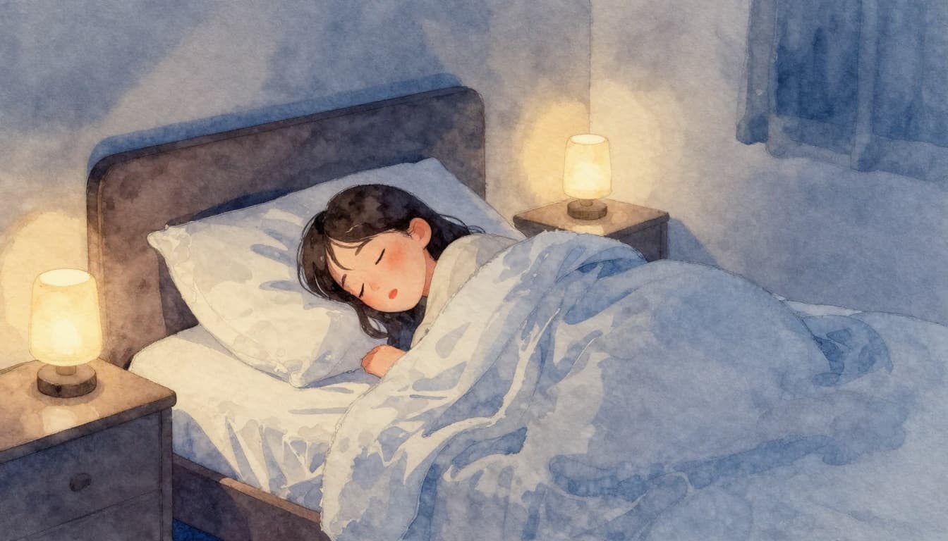 Watercolor illustration of a person asleep in a neatly made bed in a cozy bedroom at night, with soft lamp light creating a peaceful, restful atmosphere focused on quality sleep.