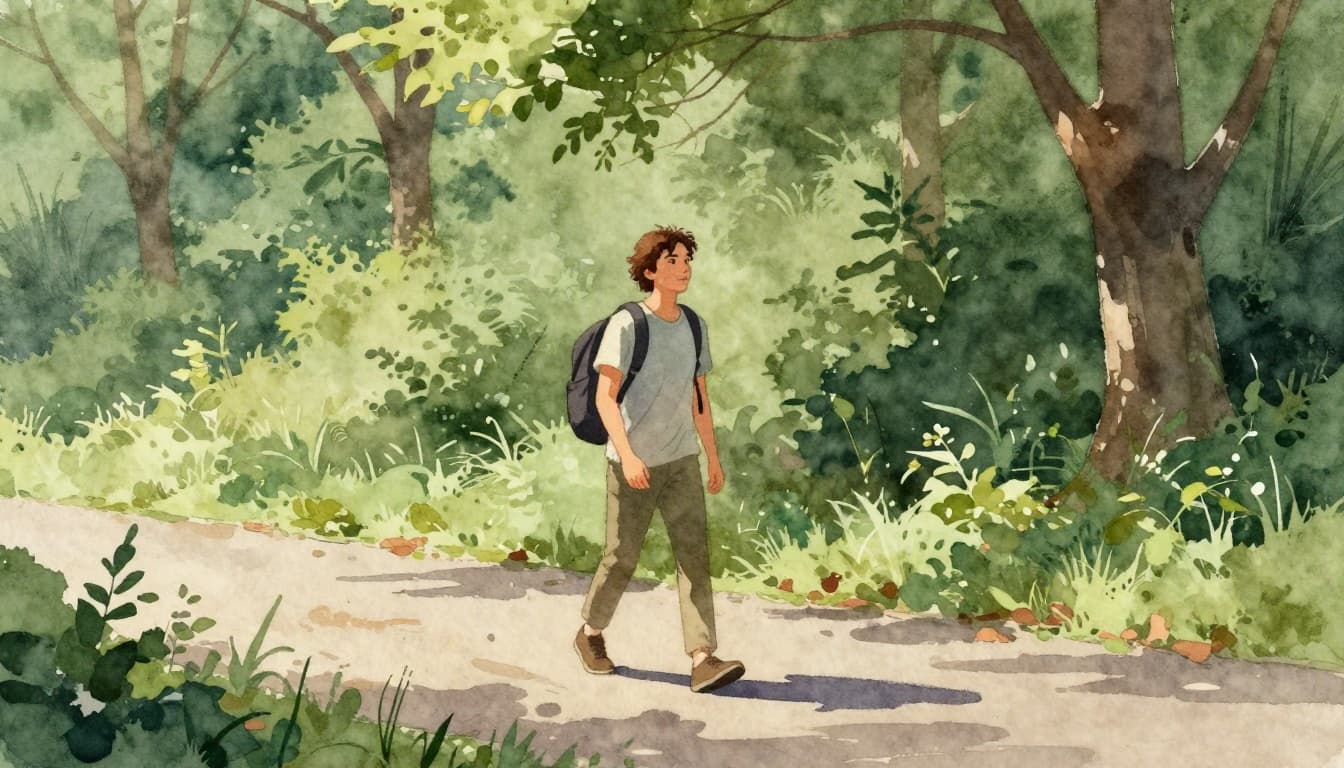 A person enjoys a relaxed, full-body stride along a tree-lined path in nature under soft sunlight, carrying a light backpack with a content face glancing at horizon. Watercolor style features soft blending, visible brush texture, and earthy green tones, emphasizing daily walking for stress relief.