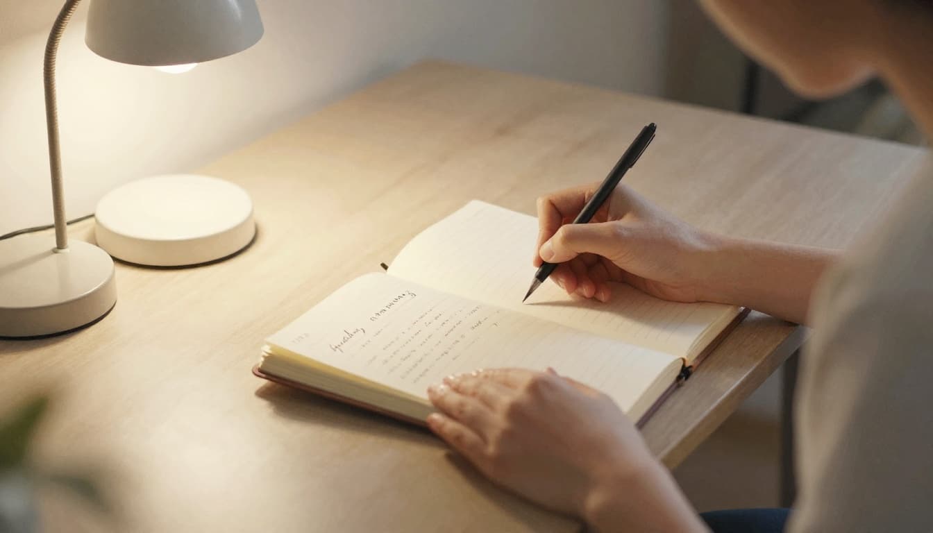 A person sits relaxed at a desk in a cozy room lit by warm lamp light, writing in a journal to reflect on a mistake, rendered in watercolor style with soft blending and visible brush texture.